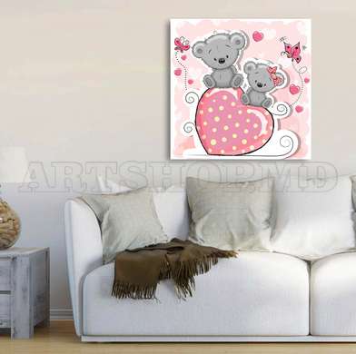 Постер - Две серые коалы на розовом сердечке, 100 x 100 см, Постер на Стекле в раме, Для Детей