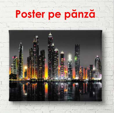 Poster - Priveliștea de noapte a Dubaiului, 90 x 60 см, Poster inramat pe sticla, Orașe și Hărți
