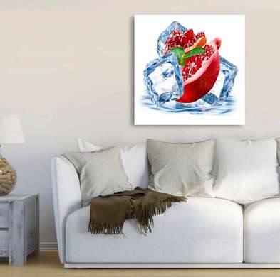 Poster - Red pomegranate with ice cubes on a white background, 100 x 100 см, Framed poster on glass, Food and Drinks