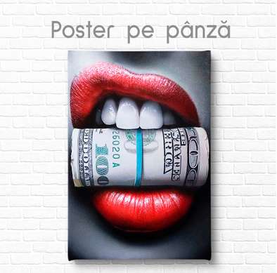 Постер - Красные губы и доллары, 60 x 90 см, Постер на Стекле в раме