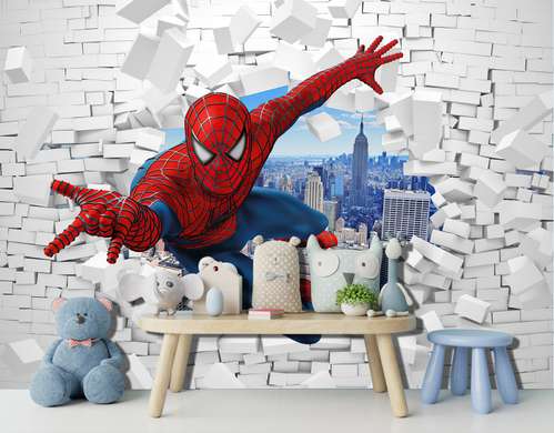 Fototapet - Omul Păianjen pe un perete 3D din cărămidă