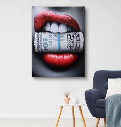 Poster - Red lips and dollars, 30 x 45 см, Canvas on frame, Glamour