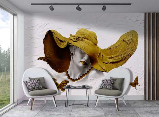 3D Wallpaper- Lady with dark yellow hat on background with butterflies