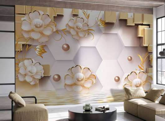 Wall Mural - White flowers with golden edges and geometry