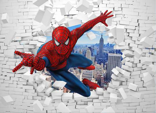 Fototapet - Omul Păianjen pe un perete 3D din cărămidă