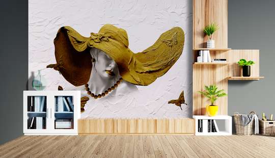 Fototapet 3D - Doamna cu palarie galben închis pe fundal cu fluturasi