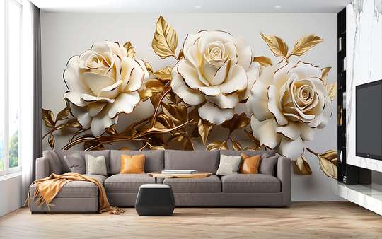 3Д Фотообои- Бежевые розы с золотыми листьями