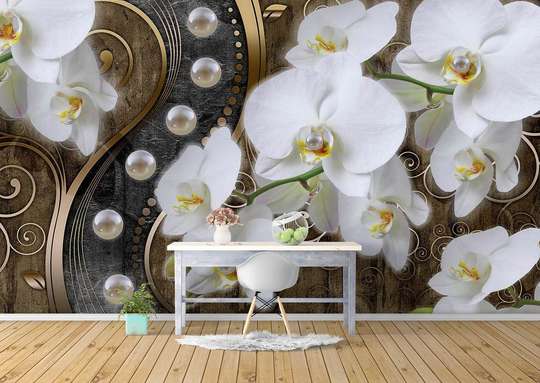 Фотообои - Белая орхидея и жемчуг на золотом фоне