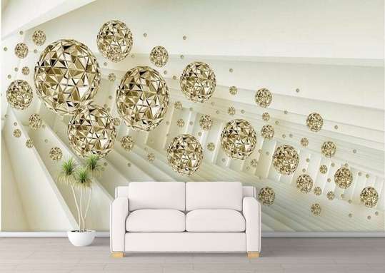 3D Wallpaper - Golden balls in a white tunnel