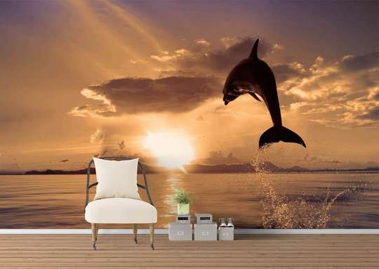 Wall Mural with dolphins at sunset