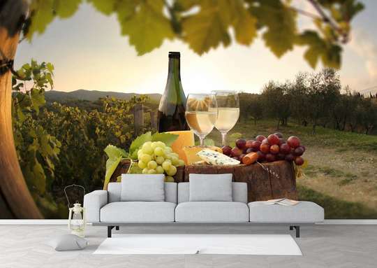 Wall Mural - Wine with grapes on the background of the field