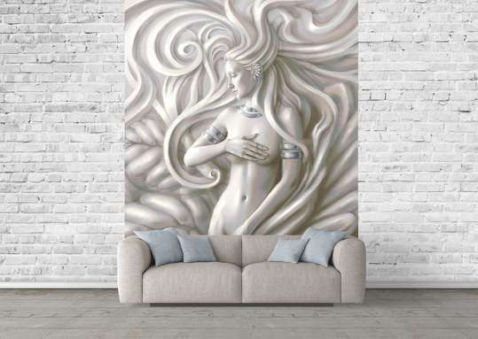 3D Wallpaper - the Girl from plaster on a background of gentle lines.