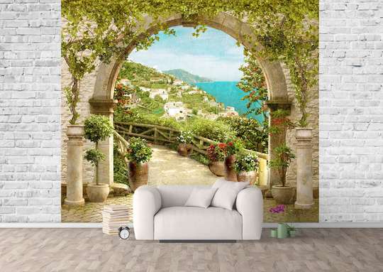 Photo wallpaper with a view of the arched opening in the yard.
