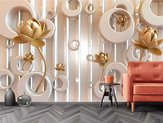 3D Wallpaper - 3D flowers and geometric objects in warm colors