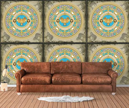 Wall Mural - Golden patterns on a blue background