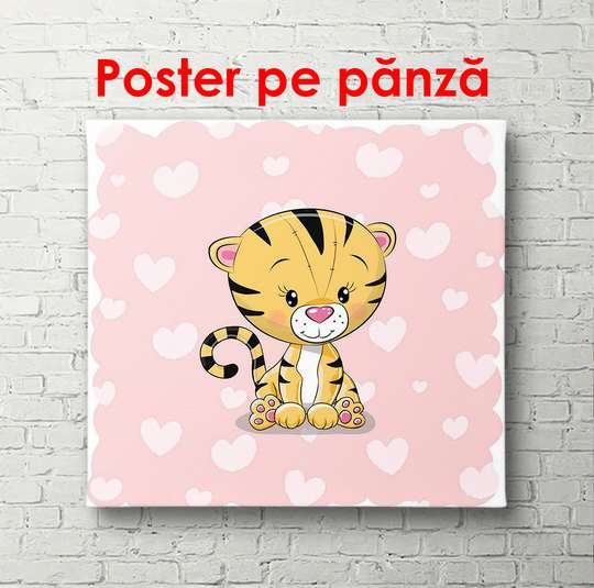 Poster - Pui de tigru pe un fundal roz cu inimi, 100 x 100 см, Poster înrămat, Pentru Copii