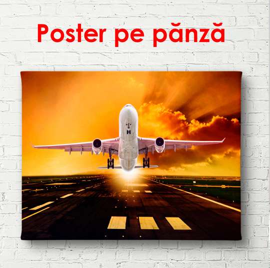 Poster - Avionul pe un fundal al cerului la apusul soarelui, 90 x 60 см, Poster înrămat