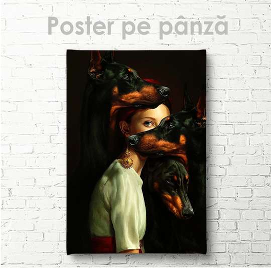 Постер - Девушка с собаками, 30 x 60 см, Холст на подрамнике
