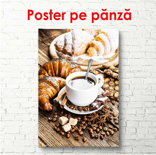 Постер - Завтрак с кофе и круассаном, 30 x 45 см, Холст на подрамнике