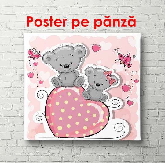 Постер - Две серые коалы на розовом сердечке, 100 x 100 см, Постер в раме, Для Детей