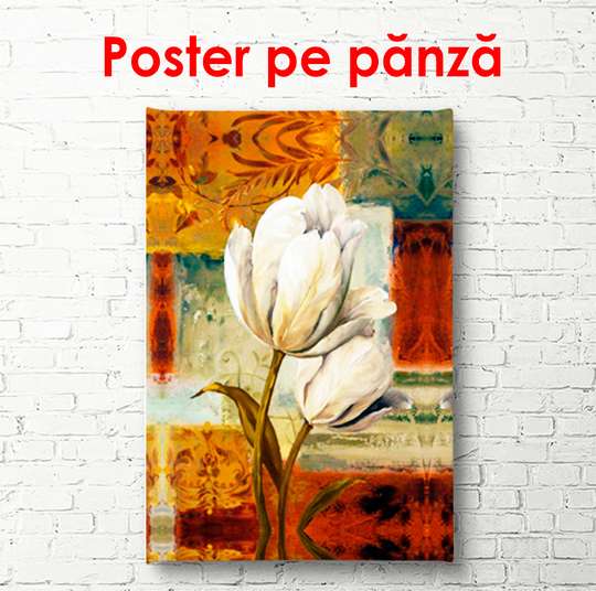 Постер - Белый тюльпан на абстрактном коричневом фоне, 60 x 90 см, Постер в раме, Абстракция
