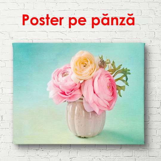 Poster - Vaza cu flori roz pe un fundal albastru, 90 x 60 см, Poster înrămat