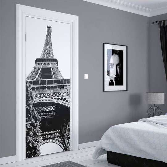 Stickere 3D pentru uși, Turnul Eiffel alb-negru, 60 x 90cm, Autocolant pentru Usi