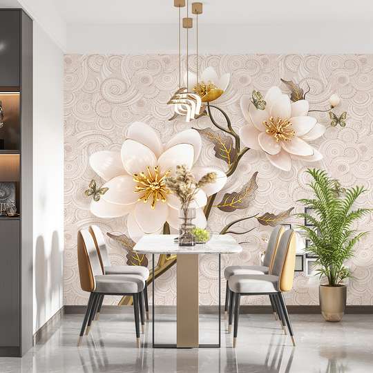 Wall mural - Beige flowers with butterflies and geometry