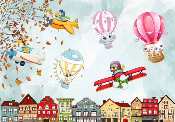 Fototapet - Animale drăguțe pe baloane deasupra orașului luminos
