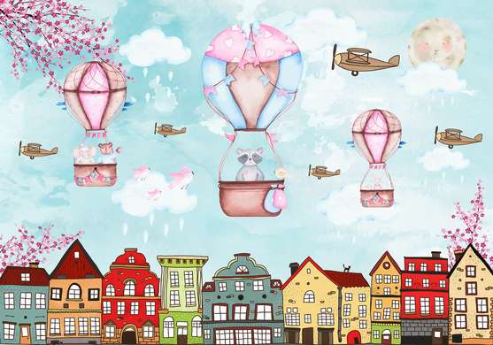 Фотообои - Милые животные на воздушных шарах над ярком городе