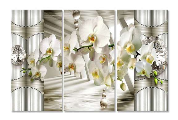 Tablou Pe Panza Multicanvas, Orhidee albă pe un fundal 3D