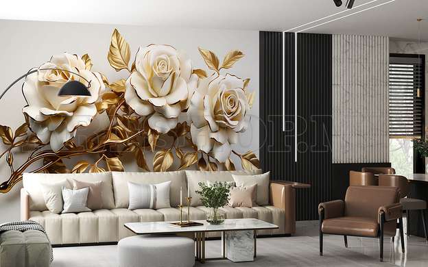 3D Photo Wallpaper- Beige roses with golden leaves