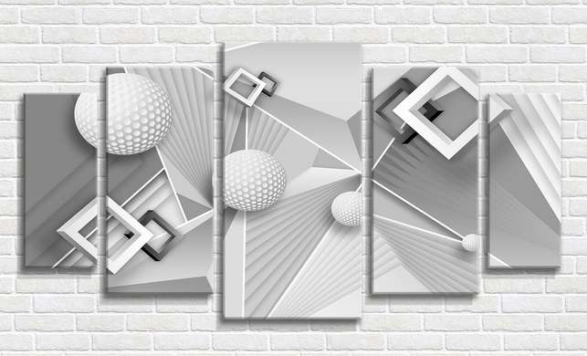 Modular picture, 3D geometric shapes in gray shades, 206 x 115