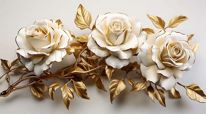 3D Photo Wallpaper- Beige roses with golden leaves