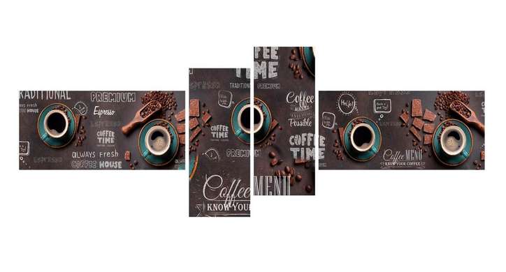Tablou Pe Panza Multicanvas, Cană albastră cu cafea și boabe de cafea pe o tablă neagră, 220 x 81,5, 220 x 81,5