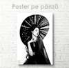 Poster - Black and white portrait of a girl in a hat, 60 x 90 см, Framed poster on glass