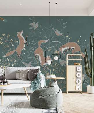 Wall mural - Foxes on a turquoise background