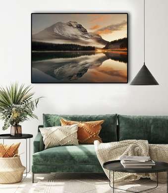 Poster - Apus de soare lângă lac în munți, 90 x 60 см, Poster inramat pe sticla