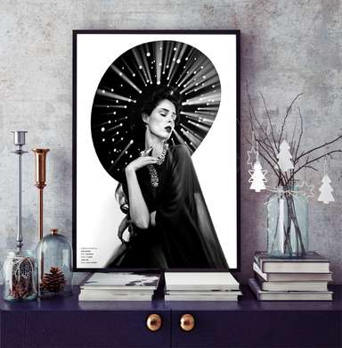 Poster - Portret alb-negru al unei fete în pălărie, 30 x 45 см, Panza pe cadru