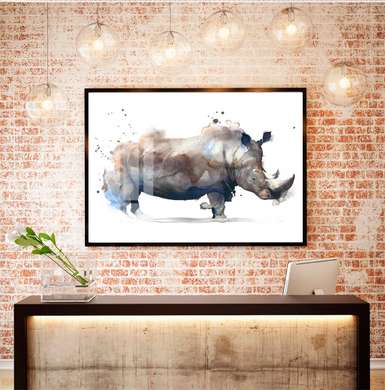 Poster - Rinocer pictat în acuarelă, 90 x 60 см, Poster inramat pe sticla, Minimalism