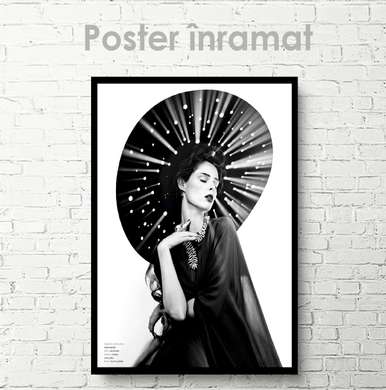 Постер - Черно-белый портрет девушке в шляпе, 60 x 90 см, Постер на Стекле в раме