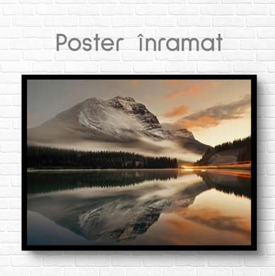 Poster - Sunset by the lake in the mountains, 90 x 60 см, Framed poster on glass