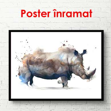 Poster - Rinocer pictat în acuarelă, 90 x 60 см, Poster inramat pe sticla, Minimalism