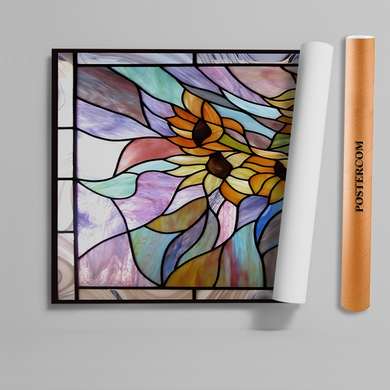 Autocolant pentru Ferestre, Vitraliu decorativ geometric cu floarea soarelui, 60 x 90cm, Mat, Autocolant Vitraliu