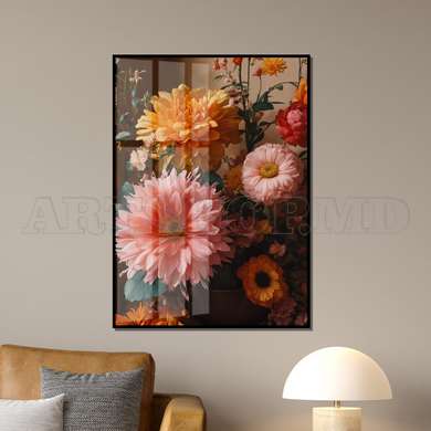 Poster - Multicolored flowers in vintage style, 60 x 90 см, Framed poster on glass, Flowers