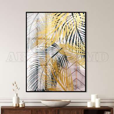 Poster - Golden palm leaves, 60 x 90 см, Framed poster on glass, Botanical