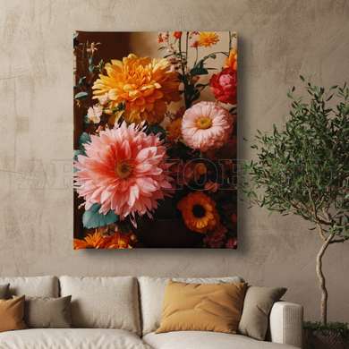 Poster - Multicolored flowers in vintage style, 60 x 90 см, Framed poster on glass, Flowers