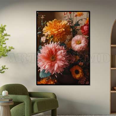 Poster - Multicolored flowers in vintage style, 60 x 90 см, Framed poster on glass, Flowers