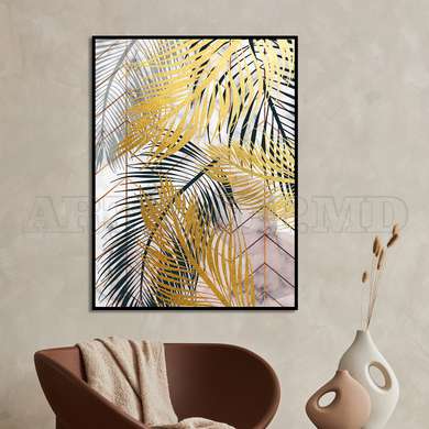 Poster - Golden palm leaves, 60 x 90 см, Framed poster on glass, Botanical