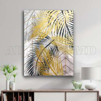 Poster - Golden palm leaves, 60 x 90 см, Framed poster on glass, Botanical